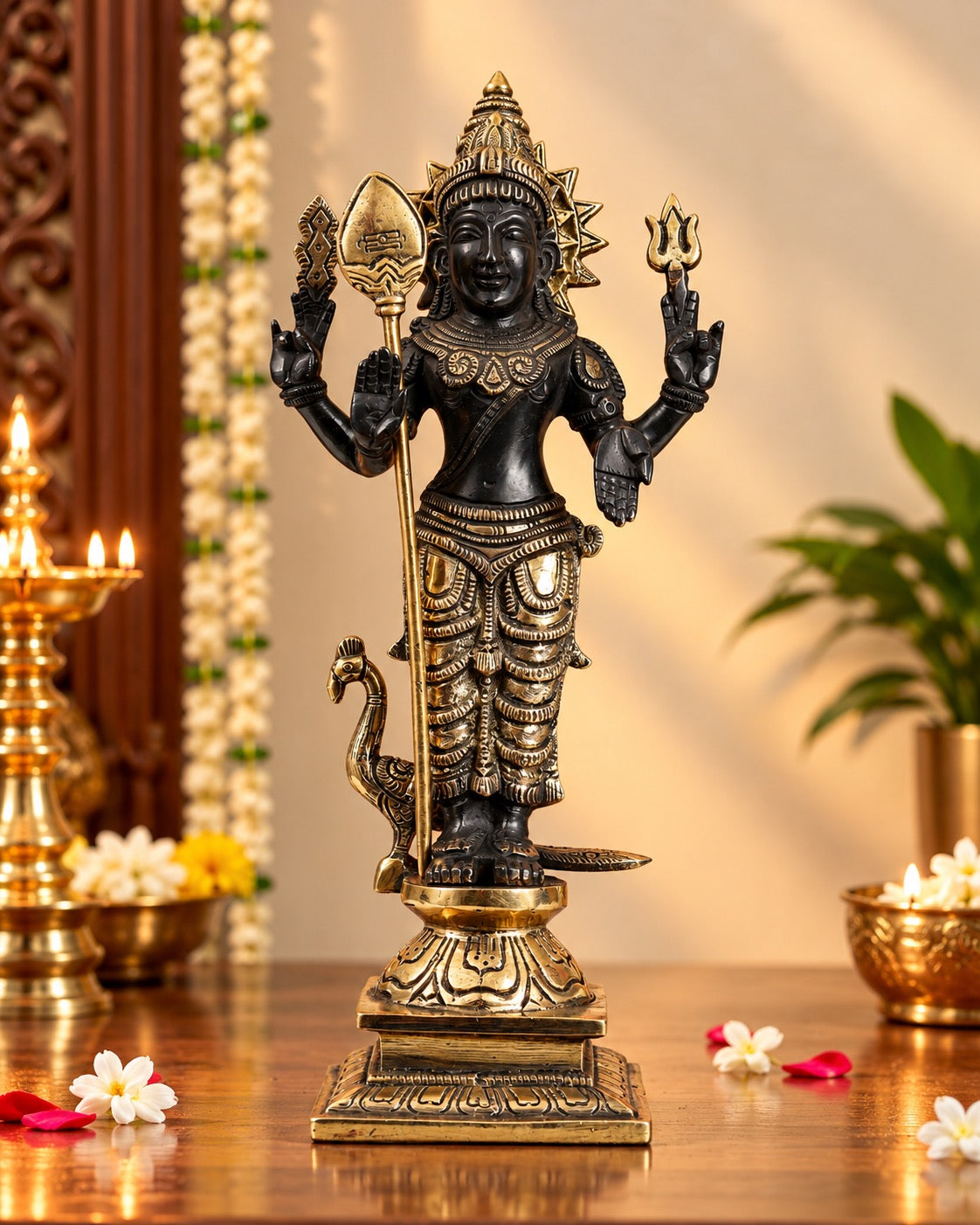 Brass Lord Murugan Kartikeya Idol – Kumaraswamy Divine Statue with Elegant Black-Tone Finish for Home Mandir and Décor (Height: 12 Inches)