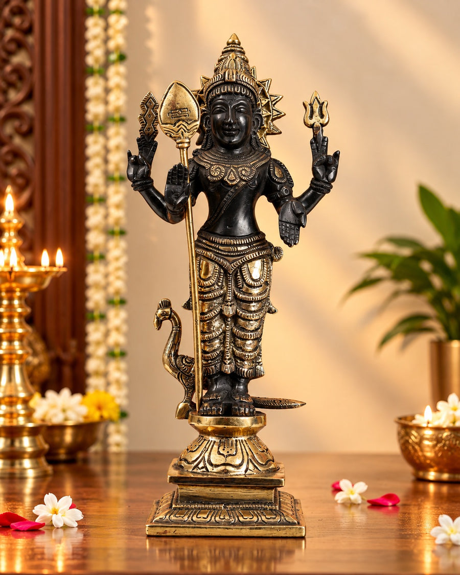 Brass Lord Murugan Kartikeya Idol – Kumaraswamy Divine Statue with Elegant Black-Tone Finish for Home Mandir and Décor (Height: 12 Inches)