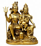 Pure brass Shiva Parivar idol: seated figures with trident, child attendant on base
