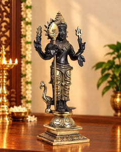 Brass Lord Murugan Kartikeya Idol – Kumaraswamy Divine Statue with Elegant Black-Tone Finish for Home Mandir and Décor (Height: 12 Inches)