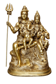 Pure brass Shiv Parivar idol with seated figures and trident on pedestal