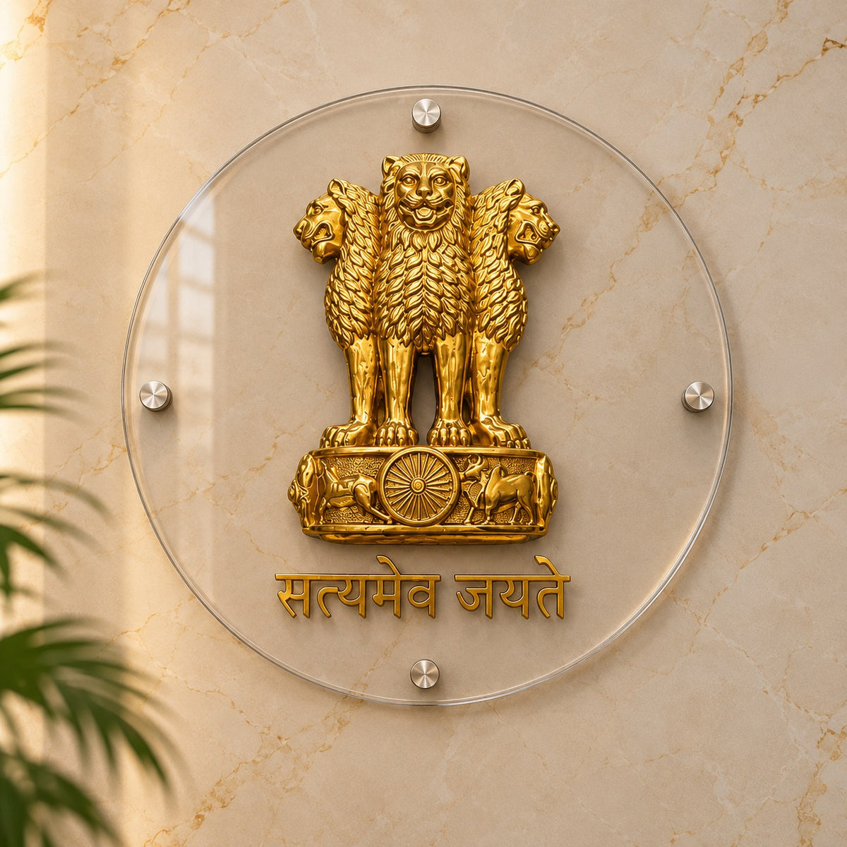 Brass Ashoka Emblem Wall Hanging with Transparent Acrylic Frame for Home, Office and Institutional Décor (Height: 24 Inches)