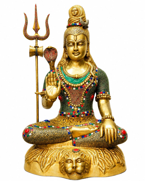 Handcrafted Brass Lord Shiva Statue with Elegant Stonework (Height: 35 Inches)