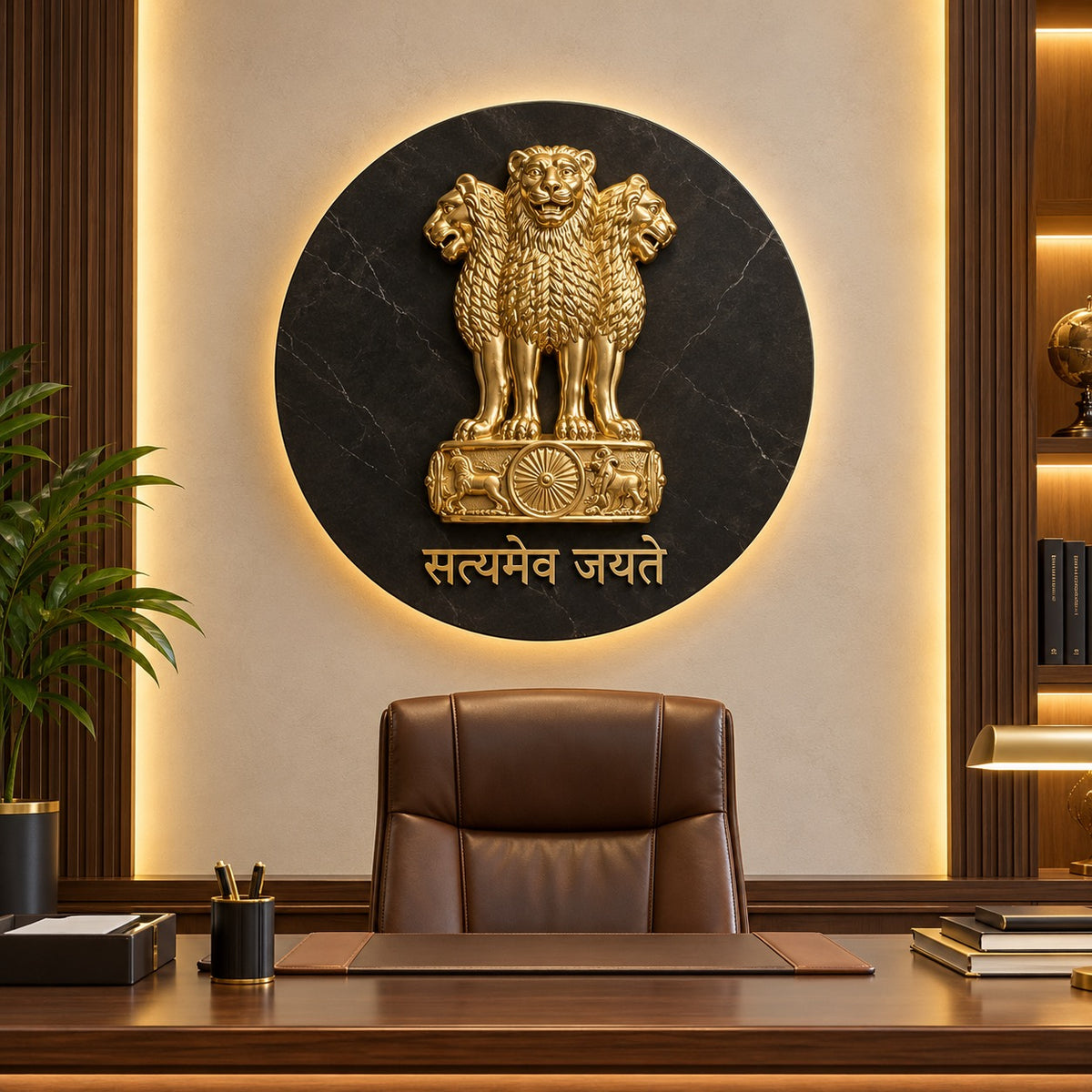Brass Ashoka Emblem Wall Hanging with Wooden Frame for Office and Institutional Décor (Height: 22 Inches)