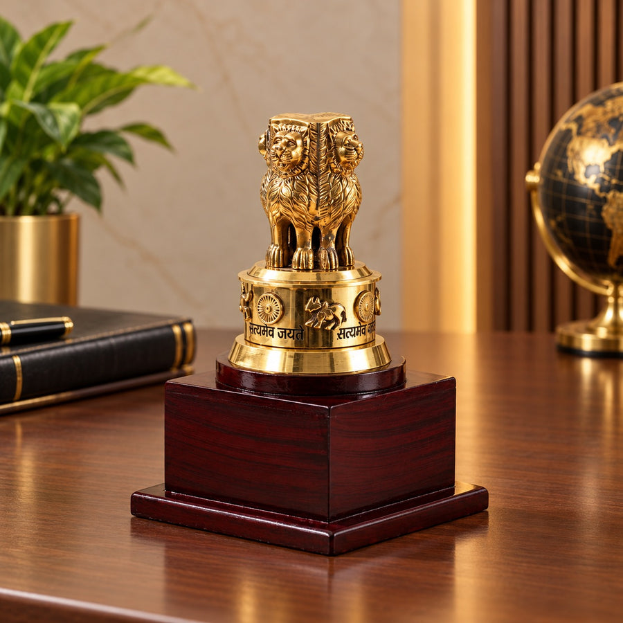 Brass Ashoka Stambh with Wooden Base for Office and Institutional Décor (Height: 9 Inches)