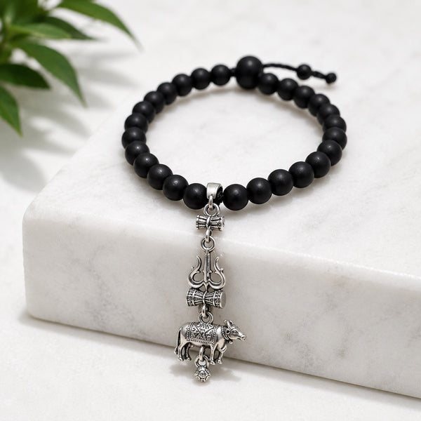 Handcrafted Karungali Bracelet Featuring Shiva, Nandi and Trishul