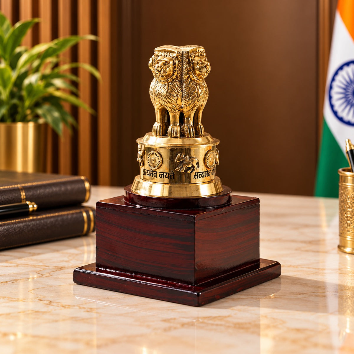 Brass Ashoka Stambh with Wooden Base for Office and Institutional Décor (Height: 7 Inches)