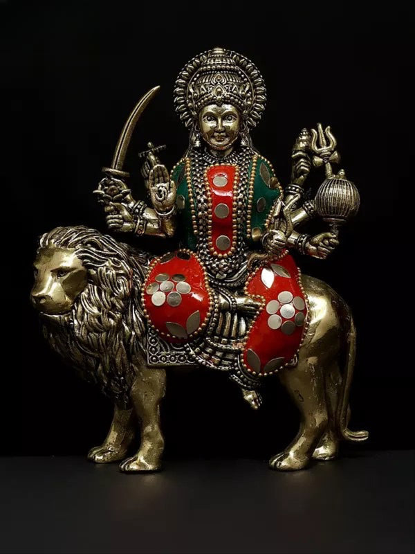 Superfine Brass Superfine Brass Goddess Durga (Sherawali Maa) Statue (Height 6 Inches)