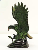 Brass Eagle statue close rear view, wings fanned, green patina, decorative base