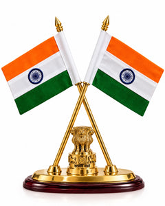 Brass National Flag Stand with Ashoka Emblem for Office and Institutional Décor (Height: 12 Inches)
