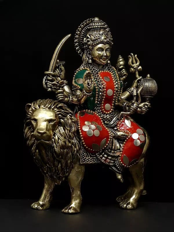 Superfine Brass Superfine Brass Goddess Durga (Sherawali Maa) Statue (Height 6 Inches) Study Setting