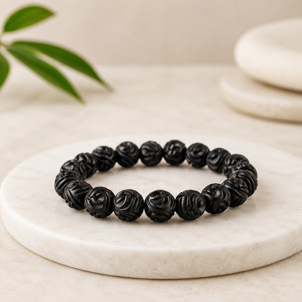 Handcrafted Karungali Bracelet with Intricate Engraved Detailing
