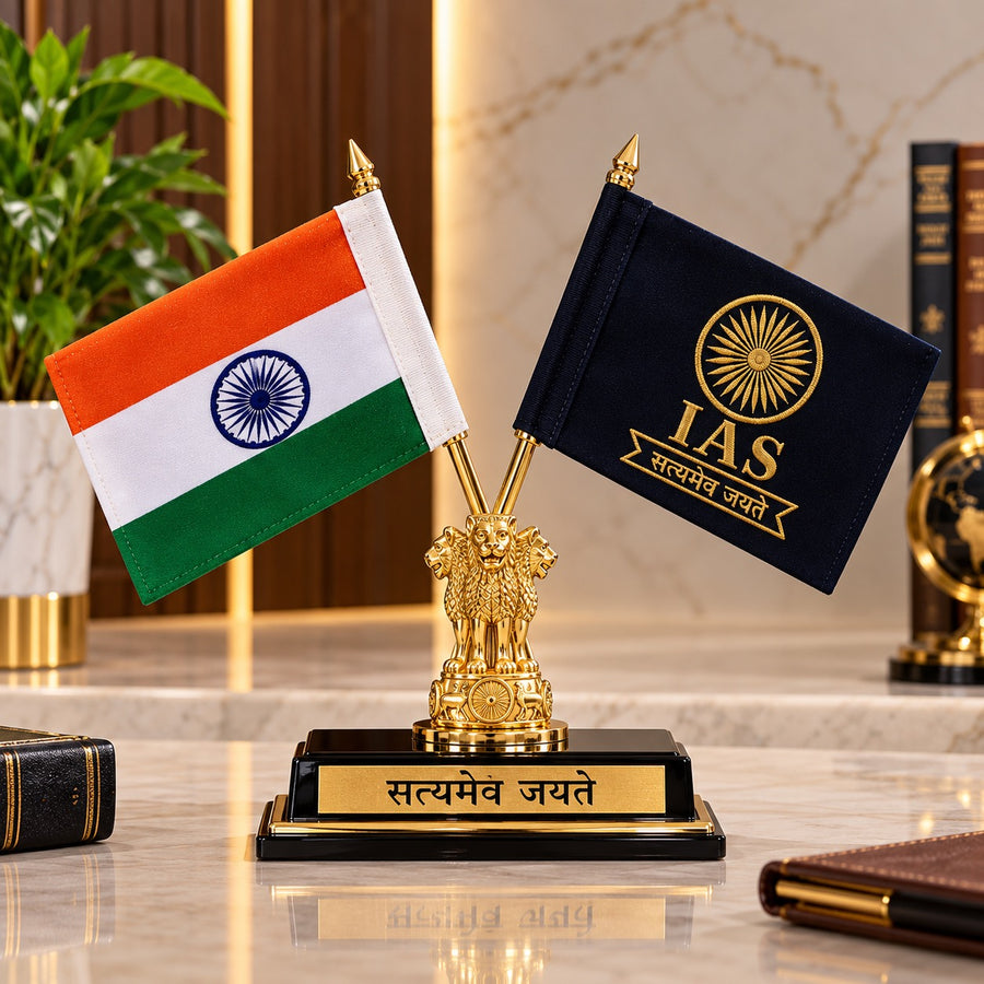 Premium Indian National Flag & IAS Table Flag Set with Brass Ashoka Stambh (Height: 12 Inches)