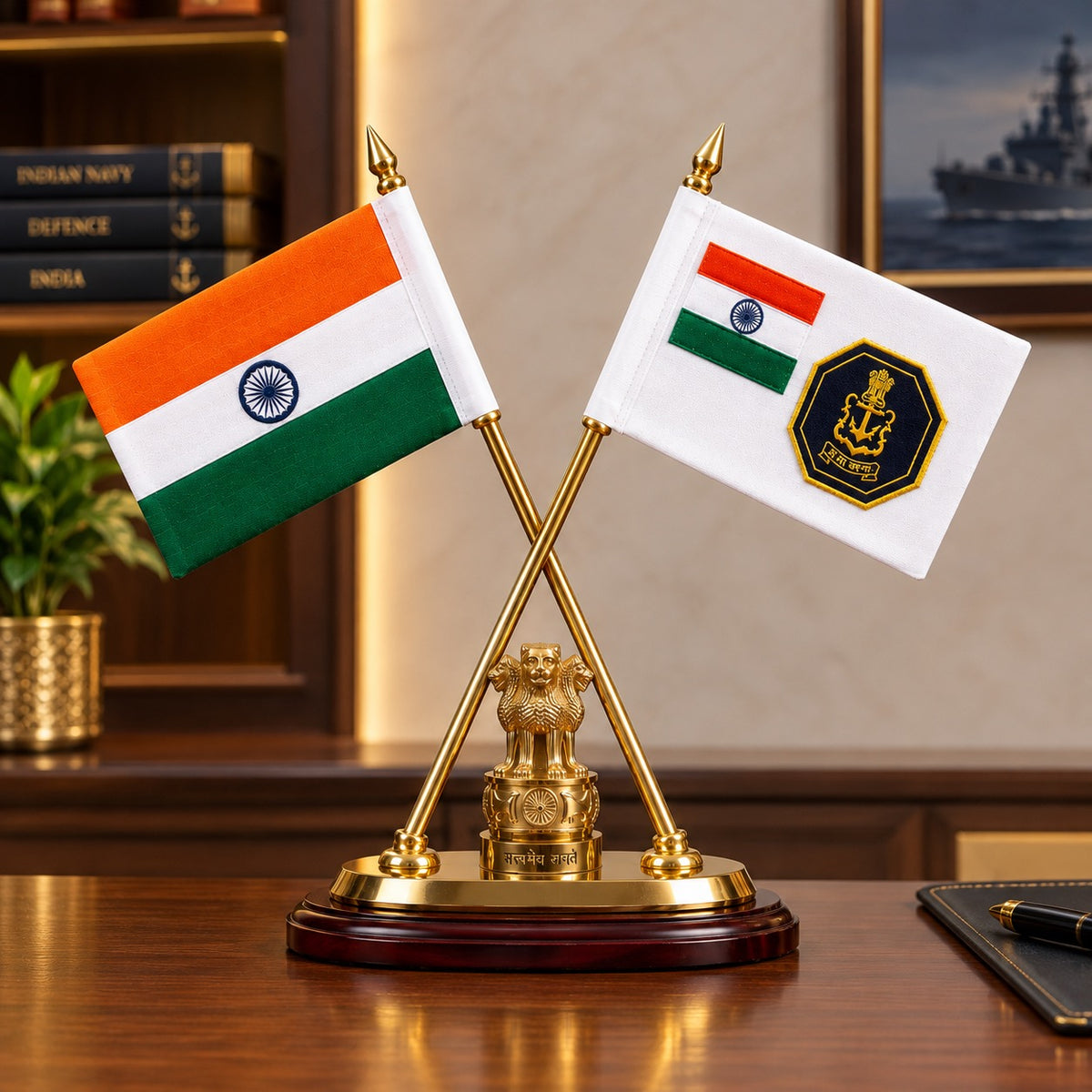 Premium Brass Crossed Indian National & Indian Navy Flags with Ashoka Stambh Desk Décor Set (Height: 12 Inches)