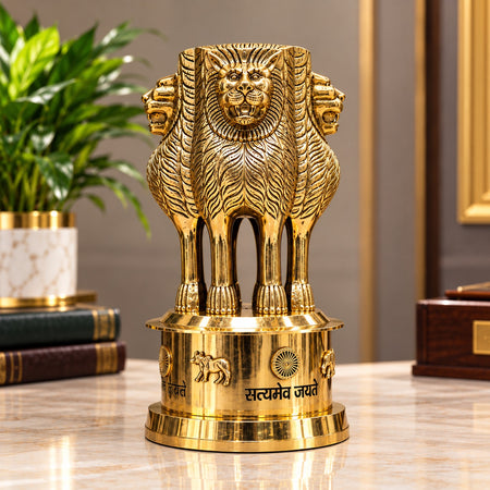 Premium Brass Ashok Stambh (Ashoka Pillar) Showpiece for Office & Institutional Décor (Height: 14 Inches)