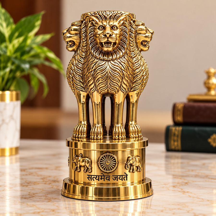 Premium Brass Ashok Stambh (Ashoka Pillar) Showpiece for Office & Institutional Décor (Height: 8 Inches)