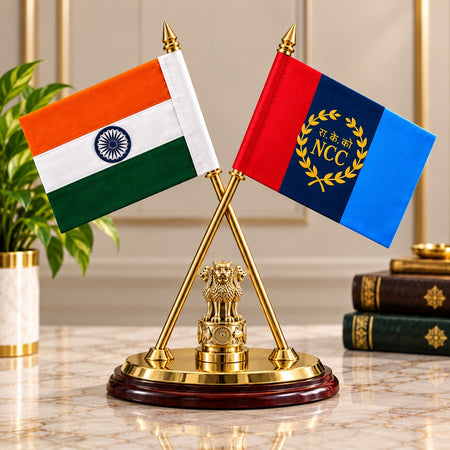 Premium Brass Tabletop Flag Stand Featuring the Indian and NCC Flags (Height: 12 Inches)