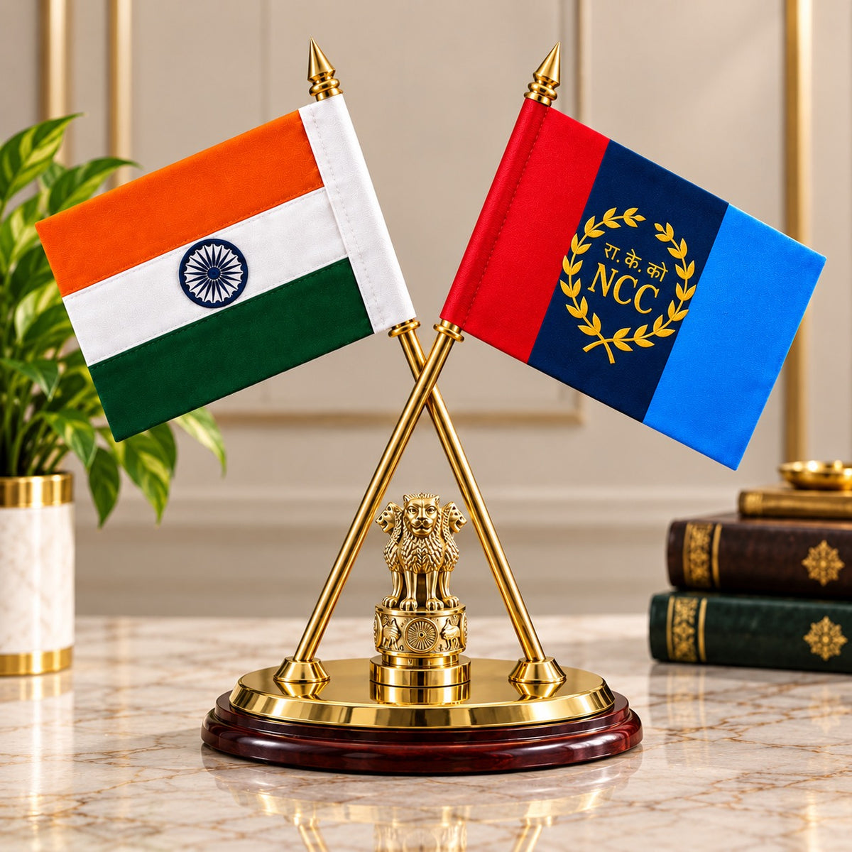 Premium Brass Tabletop Flag Stand Featuring the Indian and NCC Flags (Height: 12 Inches)