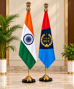 Brass tabletop pole set with Indian tricolor and NCC flags, gold finials, and black bases