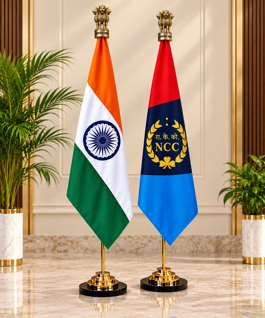 Brass tabletop pole set with Indian tricolor and NCC flags, gold finials, and black bases