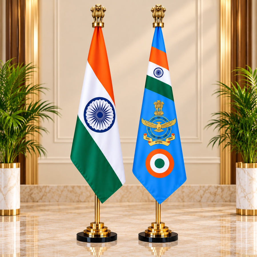 Brass flag set with Indian national and Air Force flags, gold poles and round bases