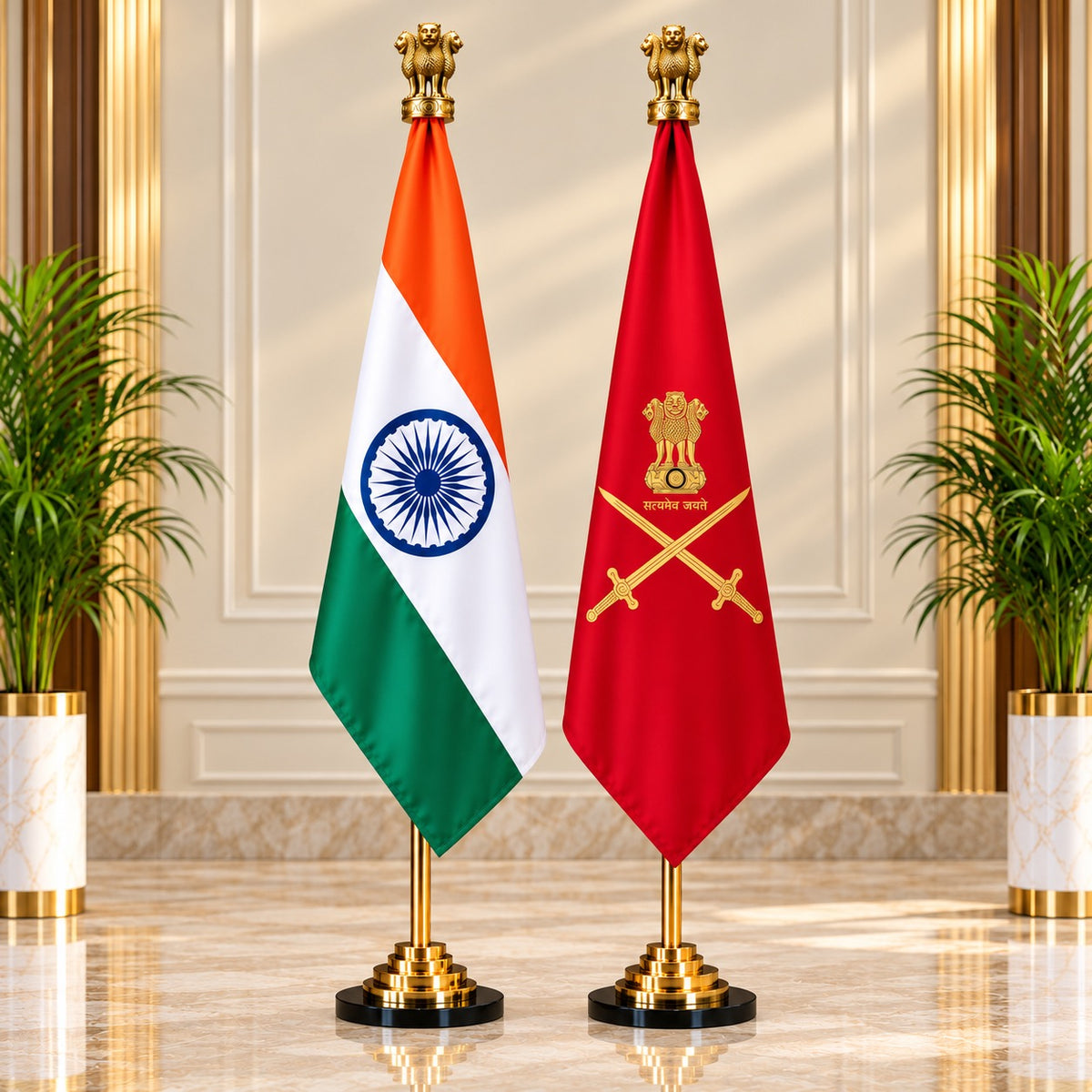 Premium Brass Tabletop Flag Set Featuring the Indian National Flag and Indian Army Flag (Height: 7 ft)