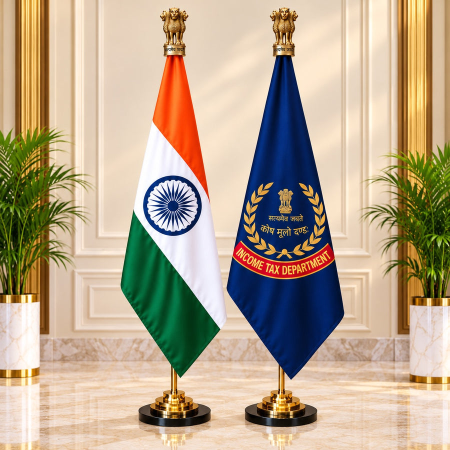 Premium Brass Tabletop Flag Set Featuring the Indian National Flag and Income Tax Department Flag (Height: 7 ft)