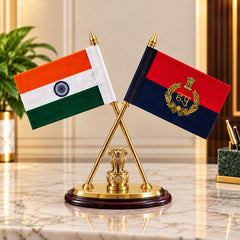 Premium Brass and Wooden Double Desk Flag Stand with Indian National and Haryana Police Flags (Height: 12 Inches)