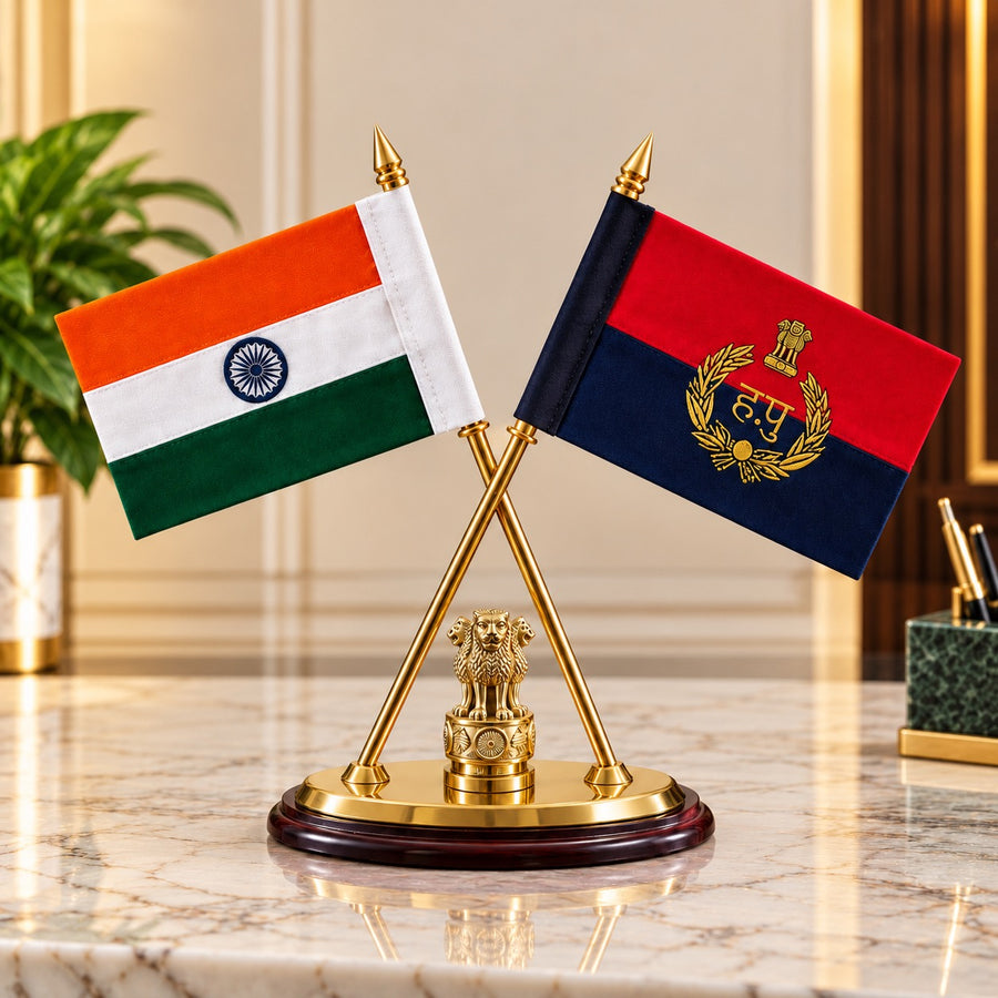 Premium Brass and Wooden Double Desk Flag Stand with Indian National and Haryana Police Flags (Height: 12 Inches)