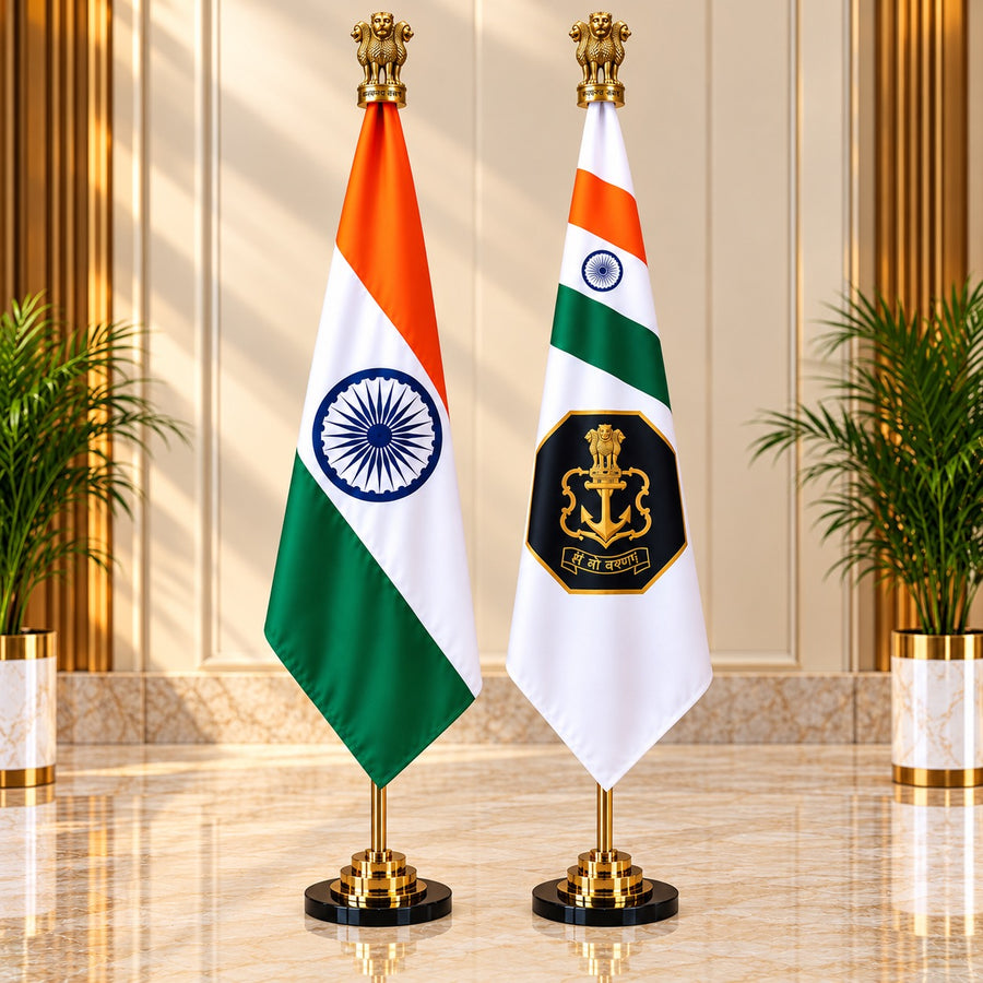 Premium Brass Tabletop Flag Set Featuring the Indian National Flag and Indian Navy Flag (Height: 7 ft)
