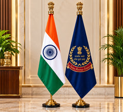 Premium Brass Tabletop Flag Set Featuring the Indian National Flag and Indian Revenue Service Flag (Height: 7 ft)