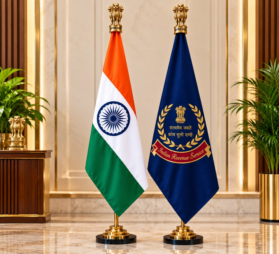 Premium Brass Tabletop Flag Set Featuring the Indian National Flag and Indian Revenue Service Flag (Height: 7 ft)
