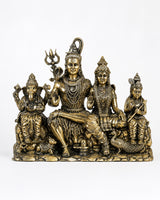 Golden brass Shiva Parivar family idol statue, Shiva seated with three flanking deities