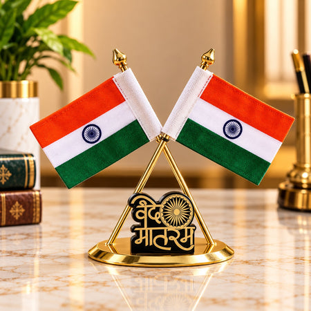 Premium Brass Indian National Flag Stand with “Vande Mataram” Inscription (Height: 4 Inches)