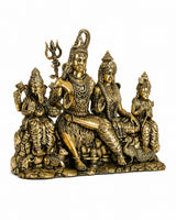 Golden brass Shiva Parivar statue, Shiva seated on lotus with three companion figures
