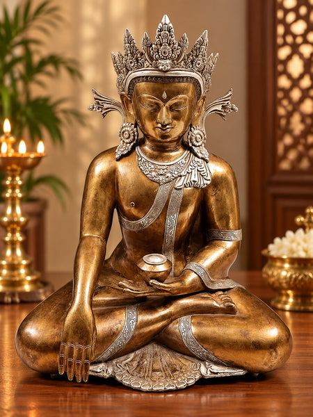 Grand Handcrafted Crowned Buddha Statue in Bhumisparsha Mudra – Exquisite Spiritual Art (Height: 22 Inches)