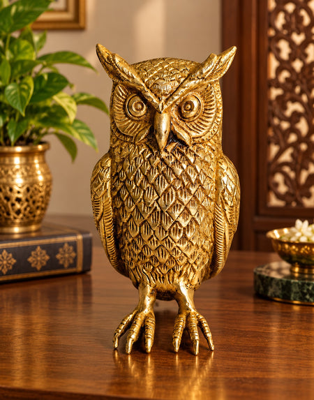 Premium Pure Brass Golden Owl Showpiece for Home & Office Décor | Decorative Metal Owl Statue for Desk, Table & Vastu Gifting (Height: 6.6 Inches)