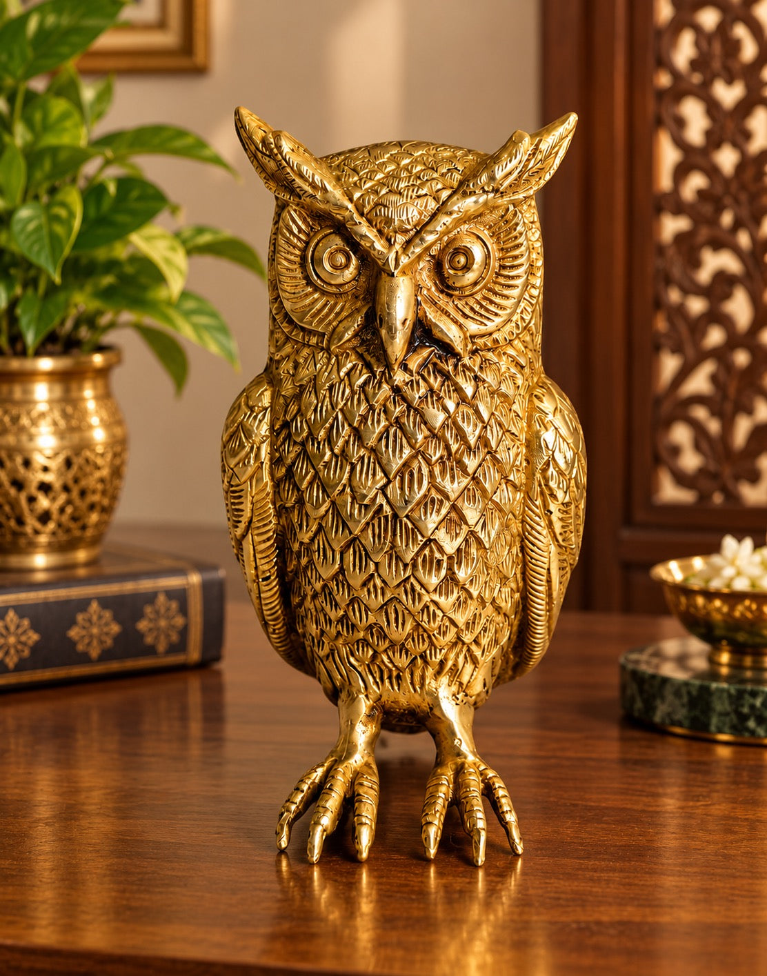 Premium Pure Brass Golden Owl Showpiece for Home & Office Décor | Decorative Metal Owl Statue for Desk, Table & Vastu Gifting (Height: 6.6 Inches)