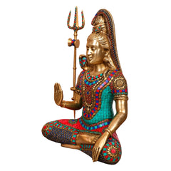 Brass Lord Shiva Idol with Stone Embellishments and Trishul (Height: 19 Inches)