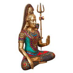 Brass Lord Shiva Idol with Stone Embellishments and Trishul (Height: 19 Inches)