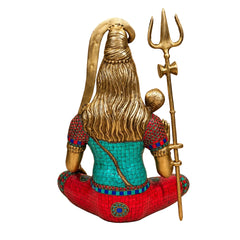 Brass Lord Shiva Idol with Stone Embellishments and Trishul (Height: 19 Inches)