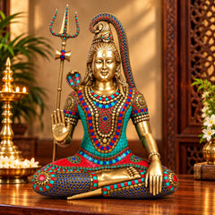 Brass Lord Shiva Idol with Stone Embellishments and Trishul (Height: 19 Inches)