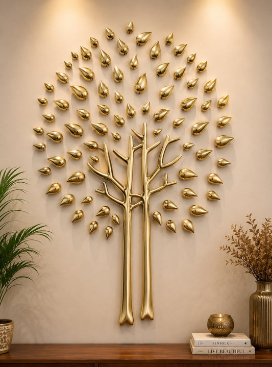 Brass tree wall sculpture with gold dew-drop ornaments, detailed branches and twin trunks.