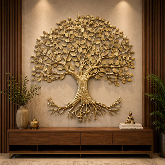 Brass tree of life wall sculpture, wide canopy and ornate roots