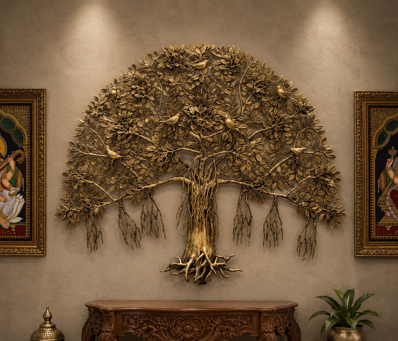 Brass Tree of Life wall hanging sculpture with arched canopy, roots base, and metal drops