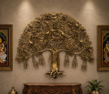 Brass Tree of Life wall hanging sculpture with arched canopy, roots base, and metal drops