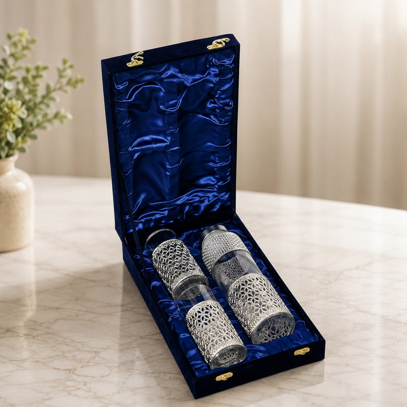 German Silver Glass Bottle Set with Premium Gift Box Packaging | Elegant Glass Bottle Set for Gifting
