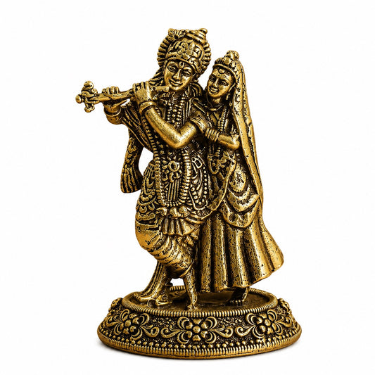 Brass Radha Krishna Idol with Flute – Antique Finish Handcrafted Statue for Home Temple & Décor (Height: 2.3 Inches)