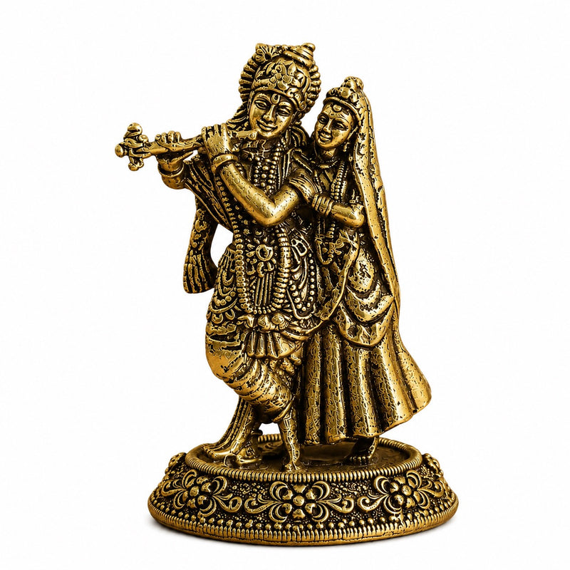 Brass Radha Krishna Idol with Flute – Antique Finish Handcrafted Statue for Home Temple & Décor (Height: 2.3 Inches)