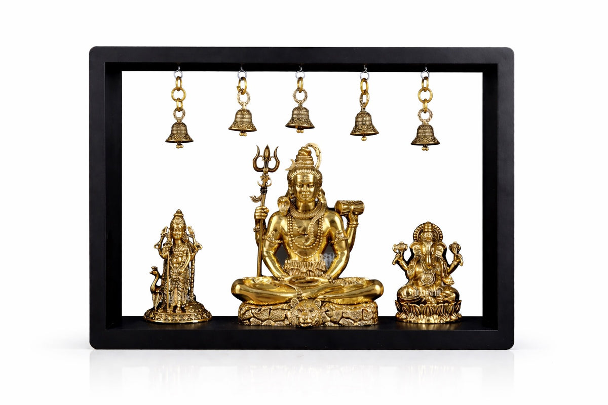 Brass Lord Shiva idol with Kartikeya & Ganesha, framed set with hanging bells